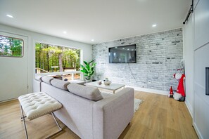 Smart TV, fireplace, books