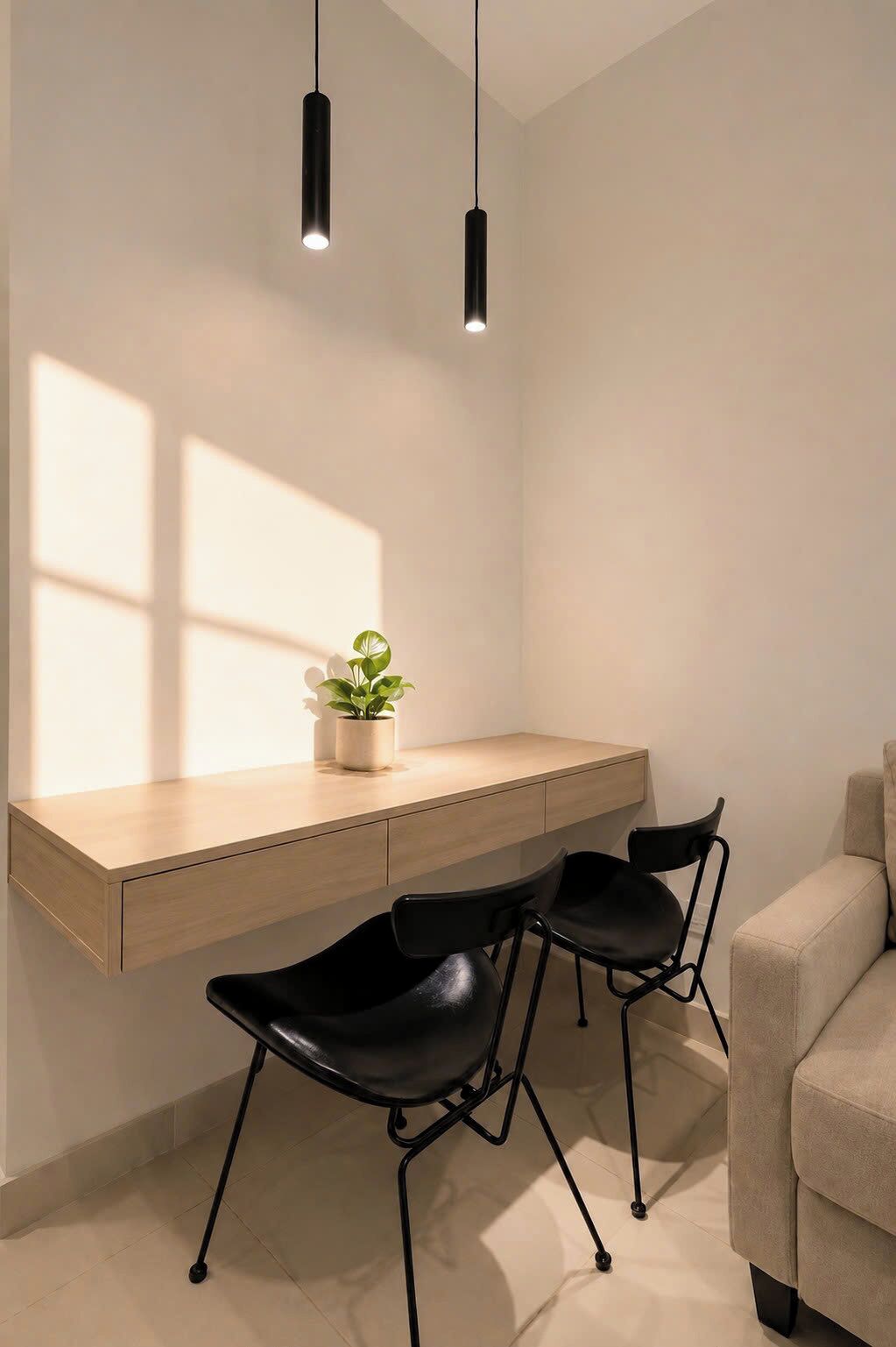 A minimalist room with a wooden desk, two black chairs, a potted plant, and pendant lighting.