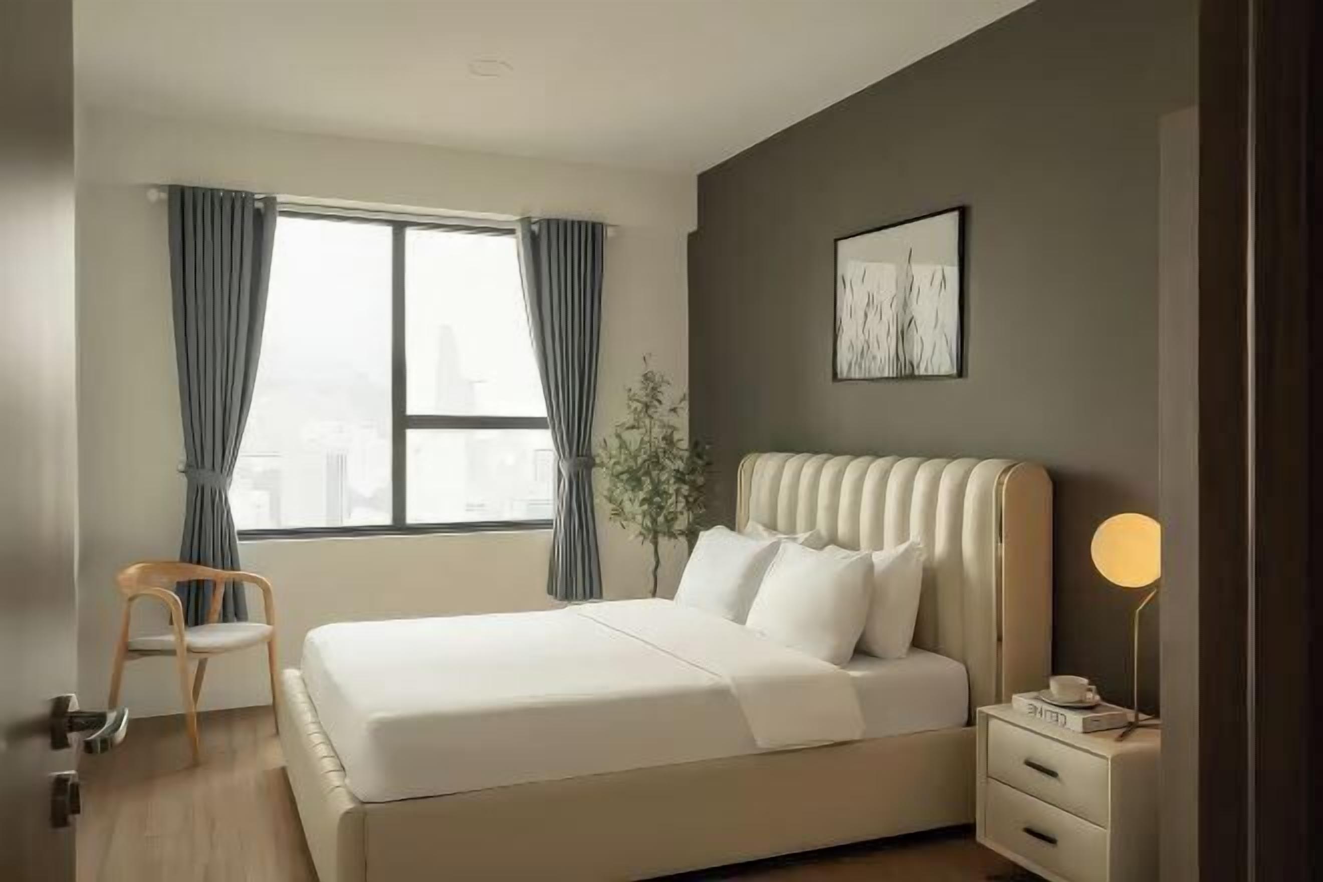 Desk, laptop workspace, blackout drapes, soundproofing