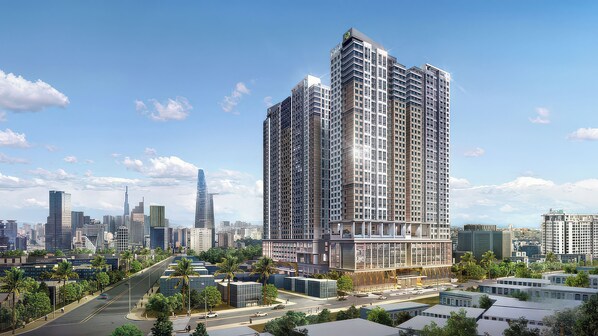 A high-rise residential building with a modern design, surrounded by a cityscape and palm trees. - Urban Zen Saigon - SOHO Residence D1 (Ho Chi Minh City)