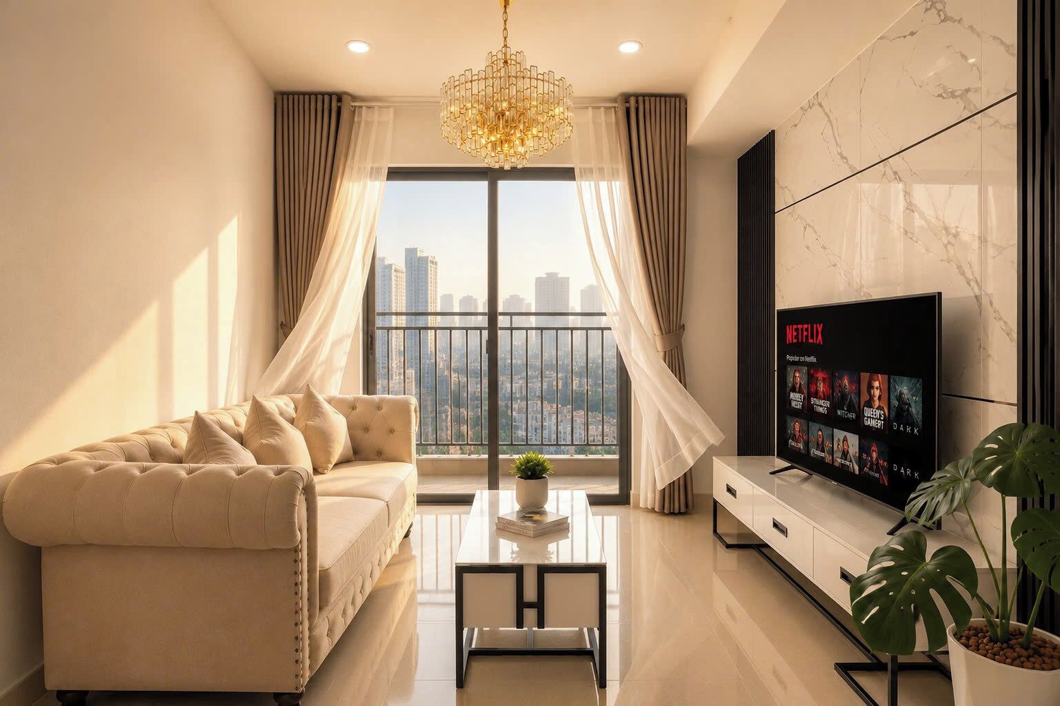 Una sala de estar moderna con un sofá, una mesa de centro, un televisor y vistas a la ciudad.