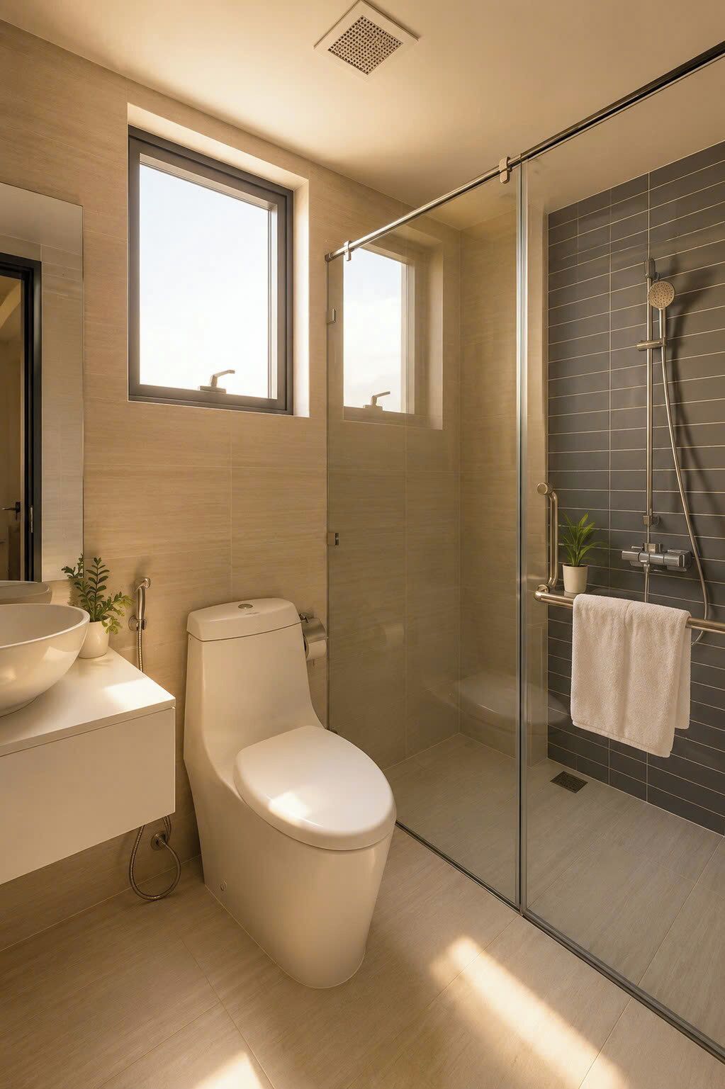 A modern bathroom with a toilet, sink, and shower.