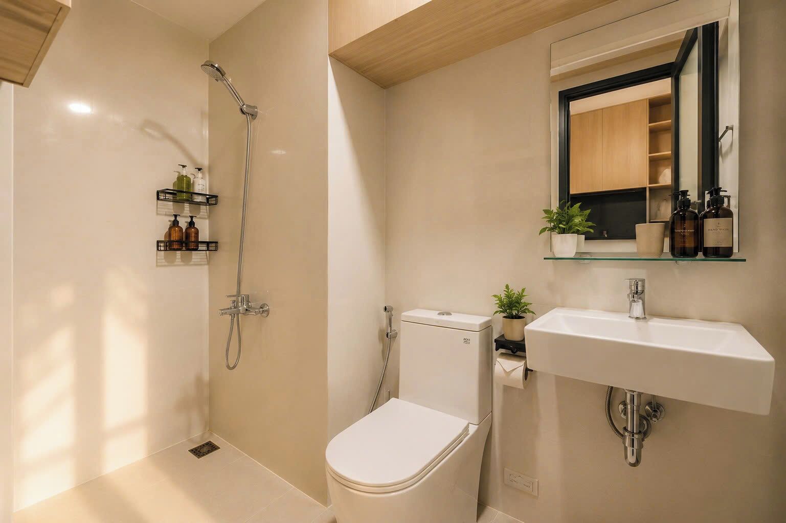 A bathroom with a shower, toilet, sink, and a mirror.