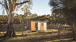 A small, modern cabin with a wooden exterior and a single door, situated in a grassy area with trees in the background. - Rowsley Valley Tiny House 1 by Tiny Away (Glenmore)