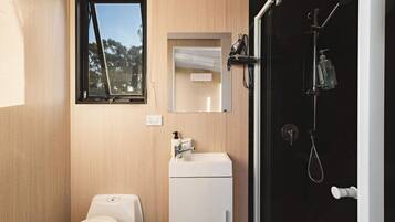 Shower, hair dryer, towels, shampoo