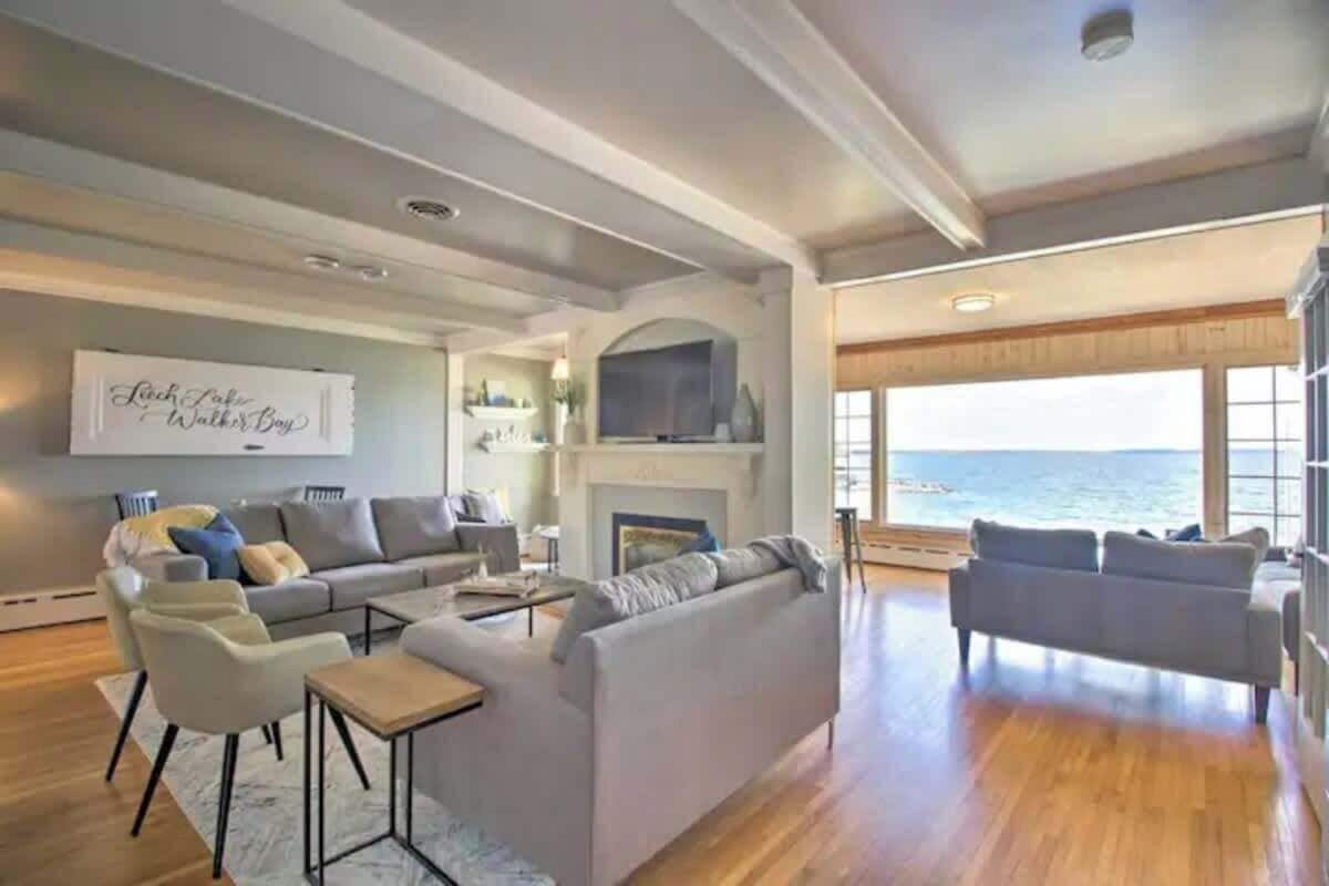 TV, fireplace, books