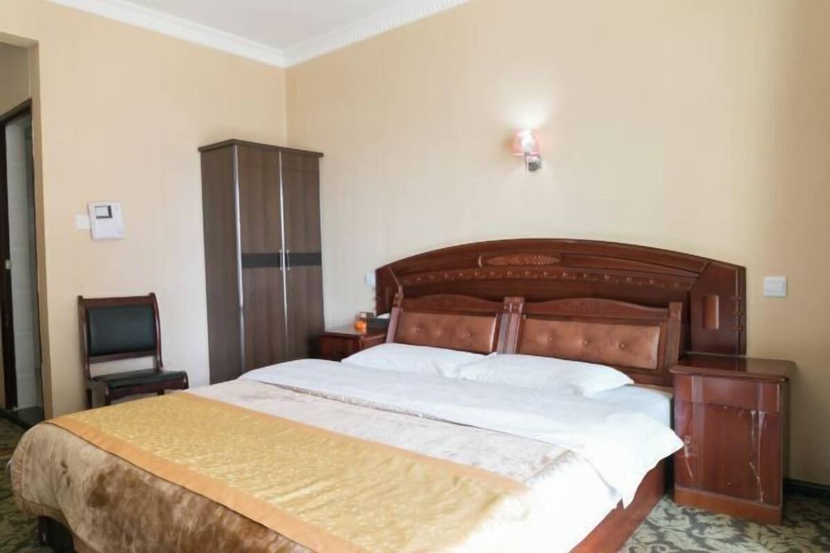Une chambre d’hôtel avec un grand lit, une armoire, une télévision et une table de chevet.