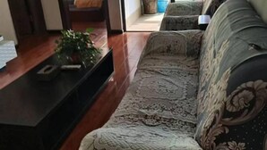 En stue med en sofa, et sofabord og en plante.