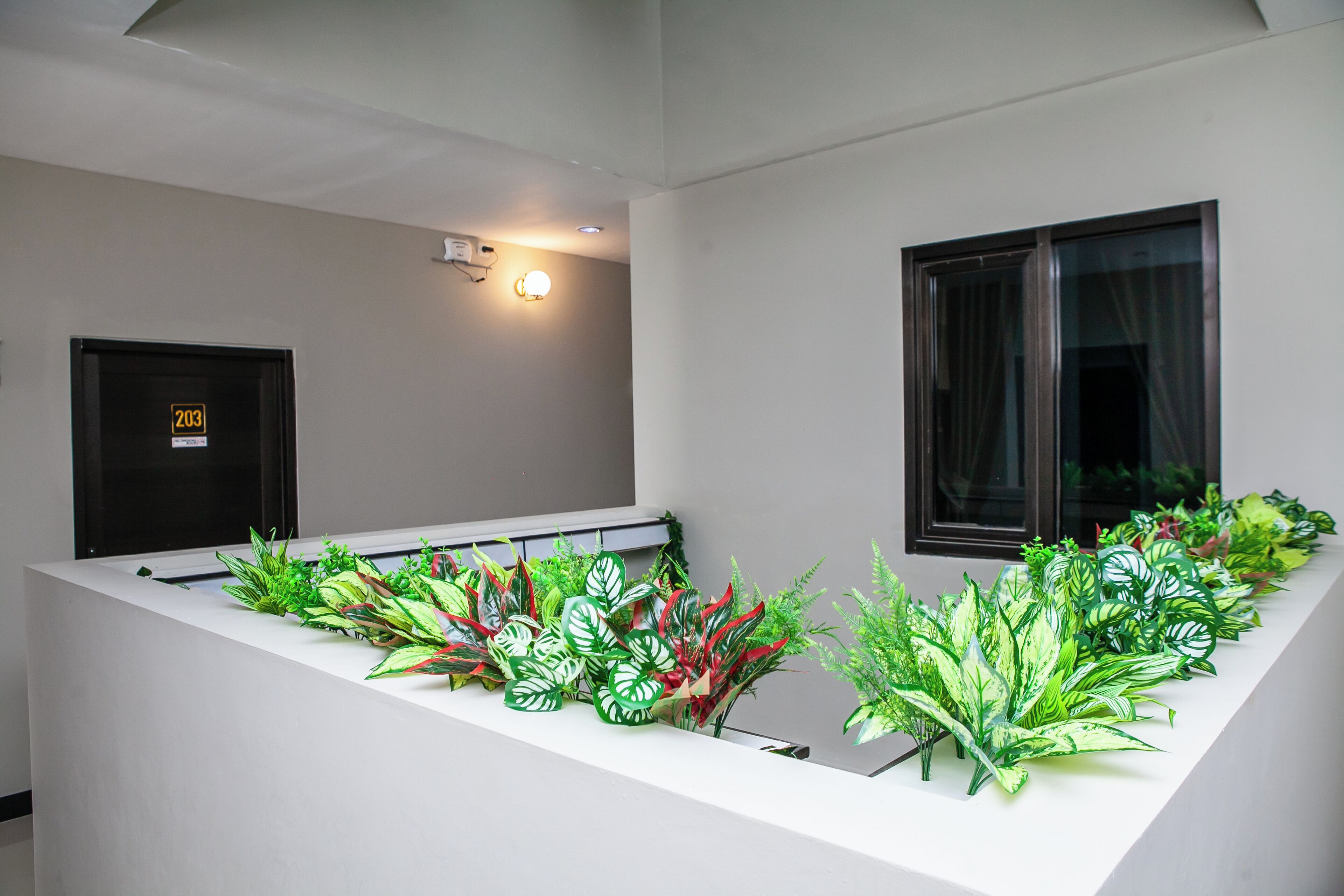 A modern hotel lobby with a reception desk, a door labeled '203', and a row of artificial plants.