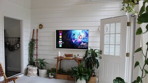 Un saló acollidor amb televisió de pantalla plana penjada a la paret, una cadira de fusta, una taula petita amb una planta i una porta amb finestre.