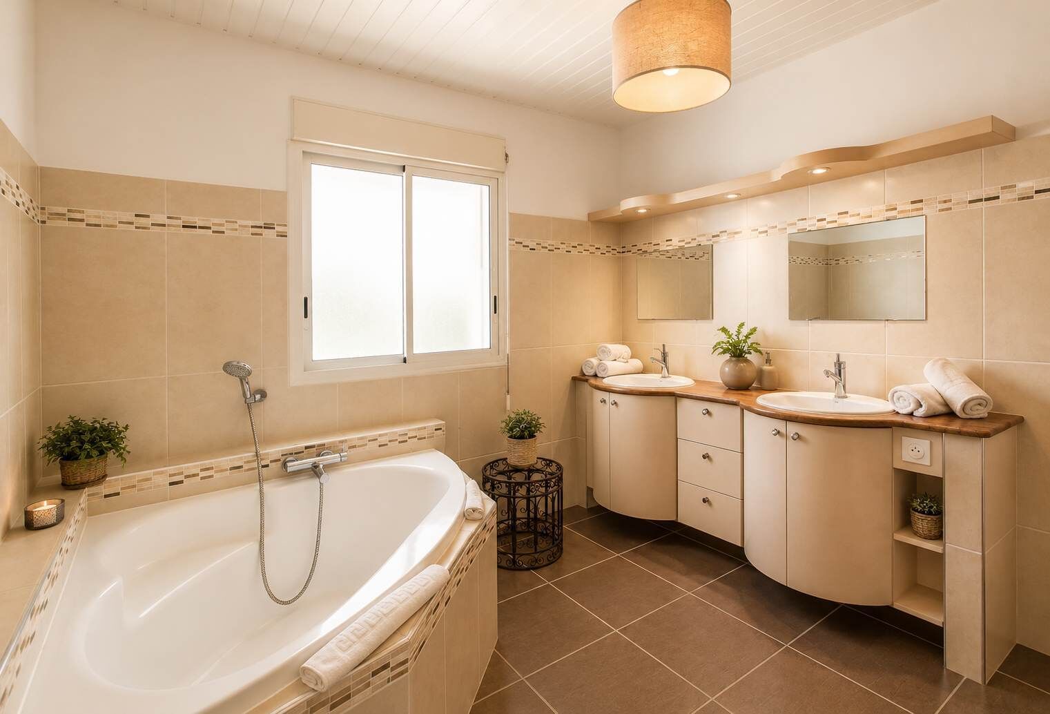 Une salle de bain avec une baignoire, un lavabo, un miroir et une fenêtre.