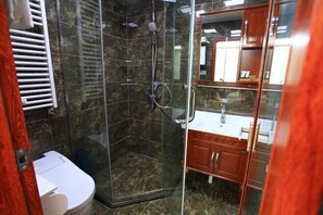 Een badkamer met een douchecabine van glas, een wit toilet en een houten wastafelmeubel met spiegel.