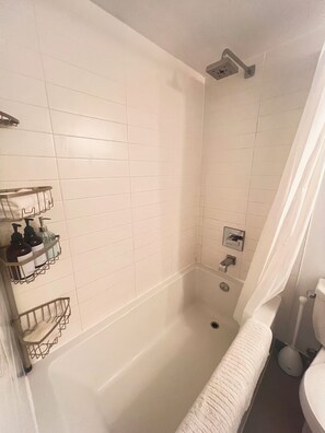Hair dryer, towels, soap, toilet paper