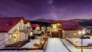 Une rangée de maisons modernes aux toits rouges, un sol recouvert de neige et un ciel nocturne étoilé.