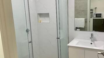A modern bathroom with a glass-enclosed shower, a white sink, and a mirror above it.