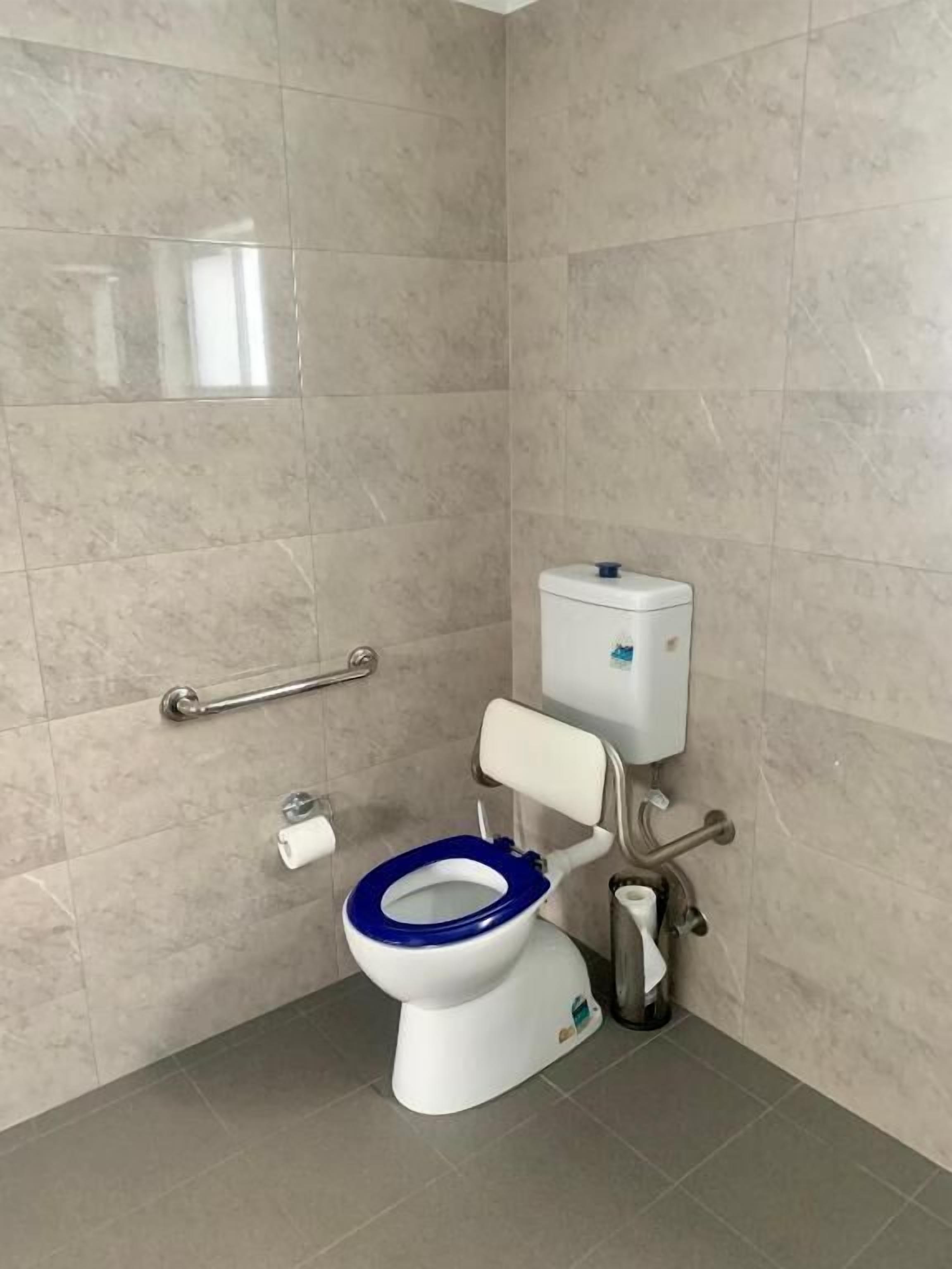 A modern bathroom with a white toilet, a blue rim, a grab bar, and a wall-mounted toilet paper holder.