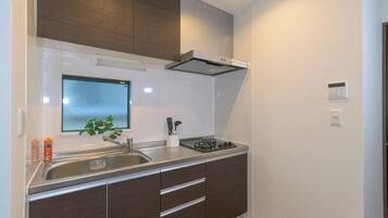 Fridge, microwave, stovetop, cookware/dishes/utensils