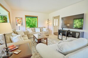 Smart TV, fireplace, books