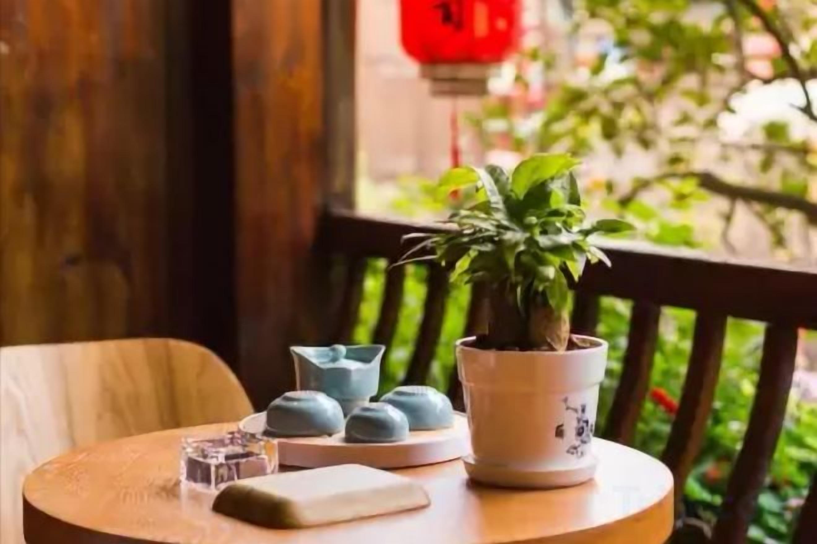 A round wooden table with a potted plant, ceramic cups, and a glass.