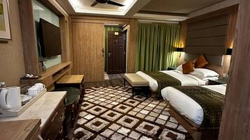 Desk, blackout curtains, soundproofing, iron/ironing board