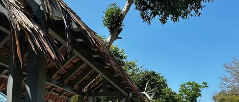 A covered outdoor area with a thatched roof structure, surrounded by lush greenery and a building with a blue roof.