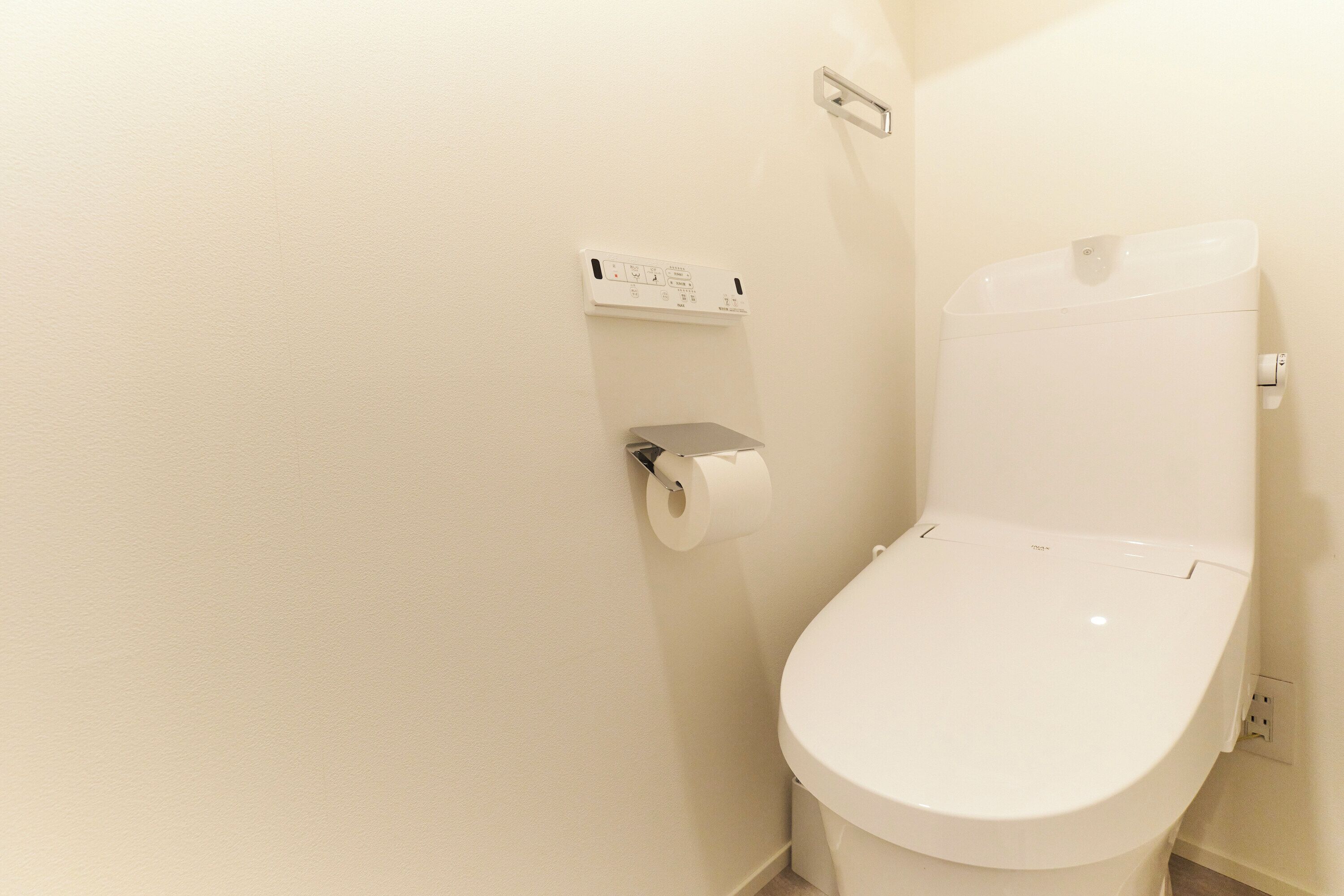 A white toilet with a flush handle, a toilet paper holder, and a flush control panel on the wall.