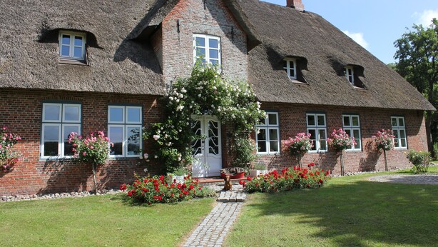 Ein traditionelles Backsteinhaus mit einem Reetdach, einer Mittelachse und einem kleinen Garten mit Blumen und einem Weg.