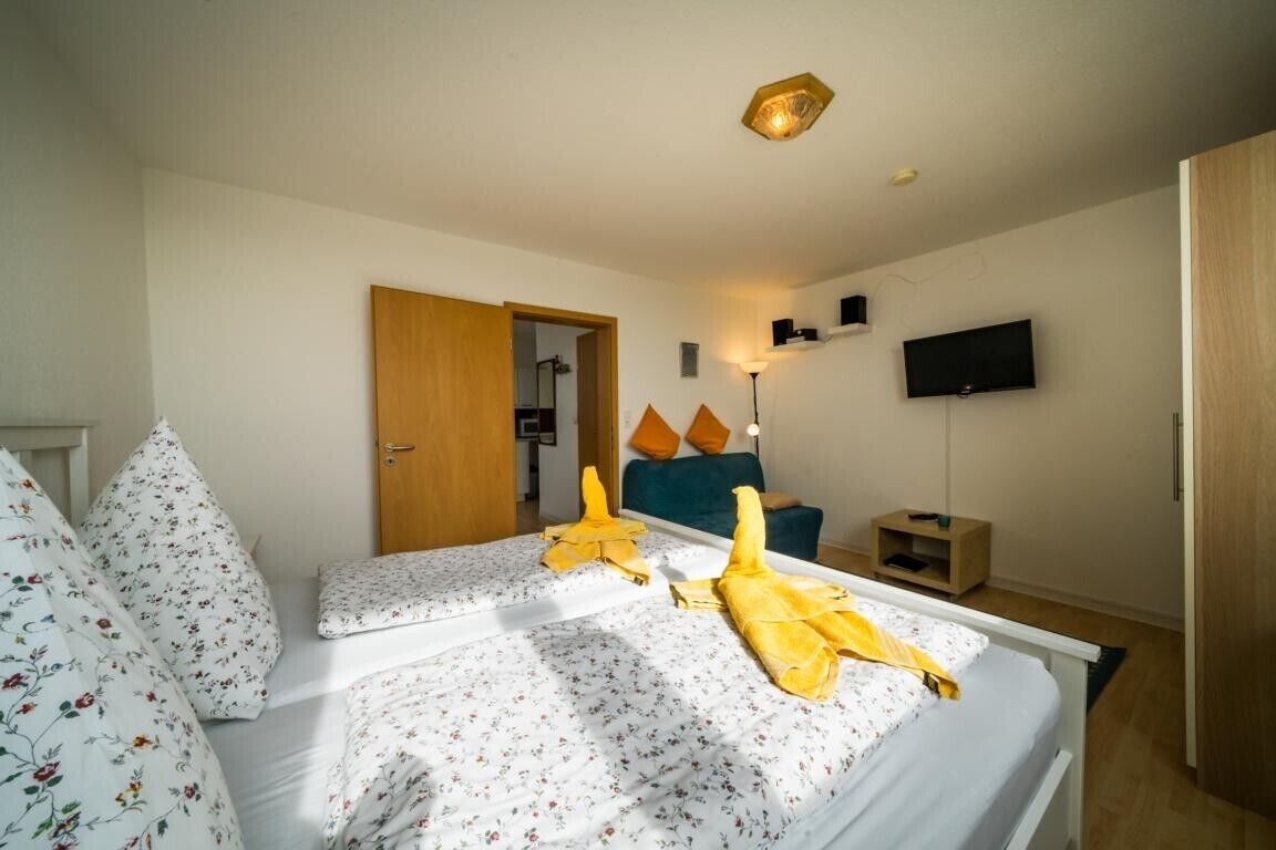 A bedroom with two beds, a television, a wooden door, and a small shelf.