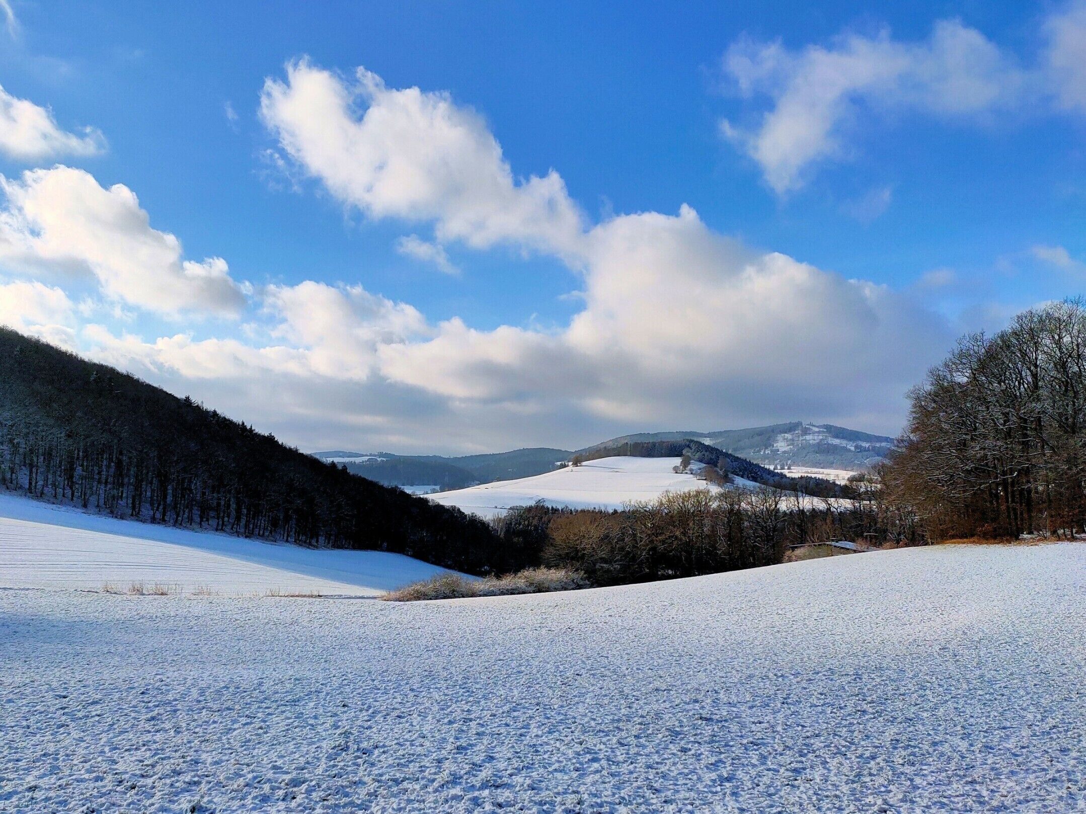 A snow-covered landscape with a clear sky and distant mountains.