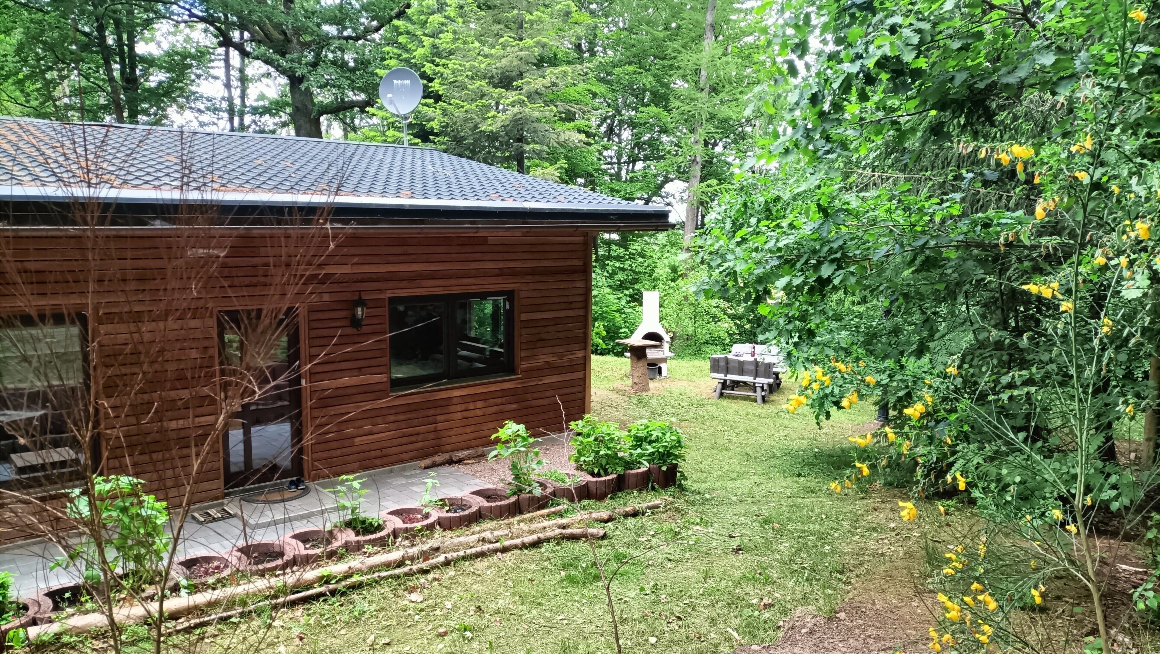 Ein Holzhaus mit Satellitenschüssel, Grill und Garten mit gelben Blumen.