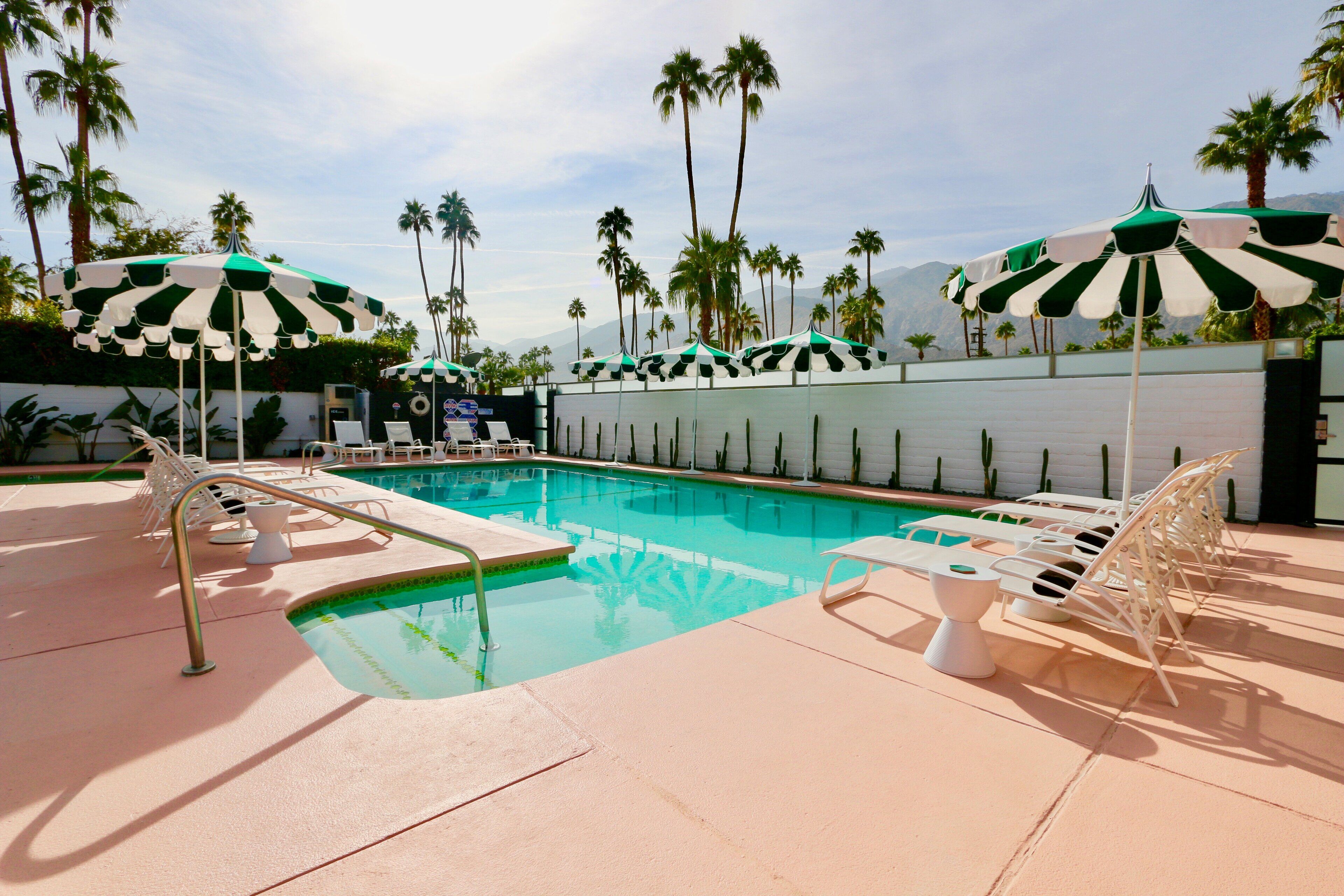 A pool area with lounge chairs and umbrellas, surrounded by palm trees and a clear sky.