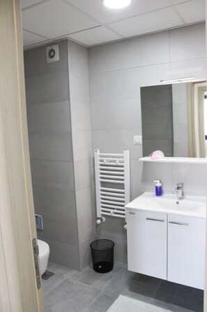 Douche, sèche-cheveux, bidet, serviettes fournies
