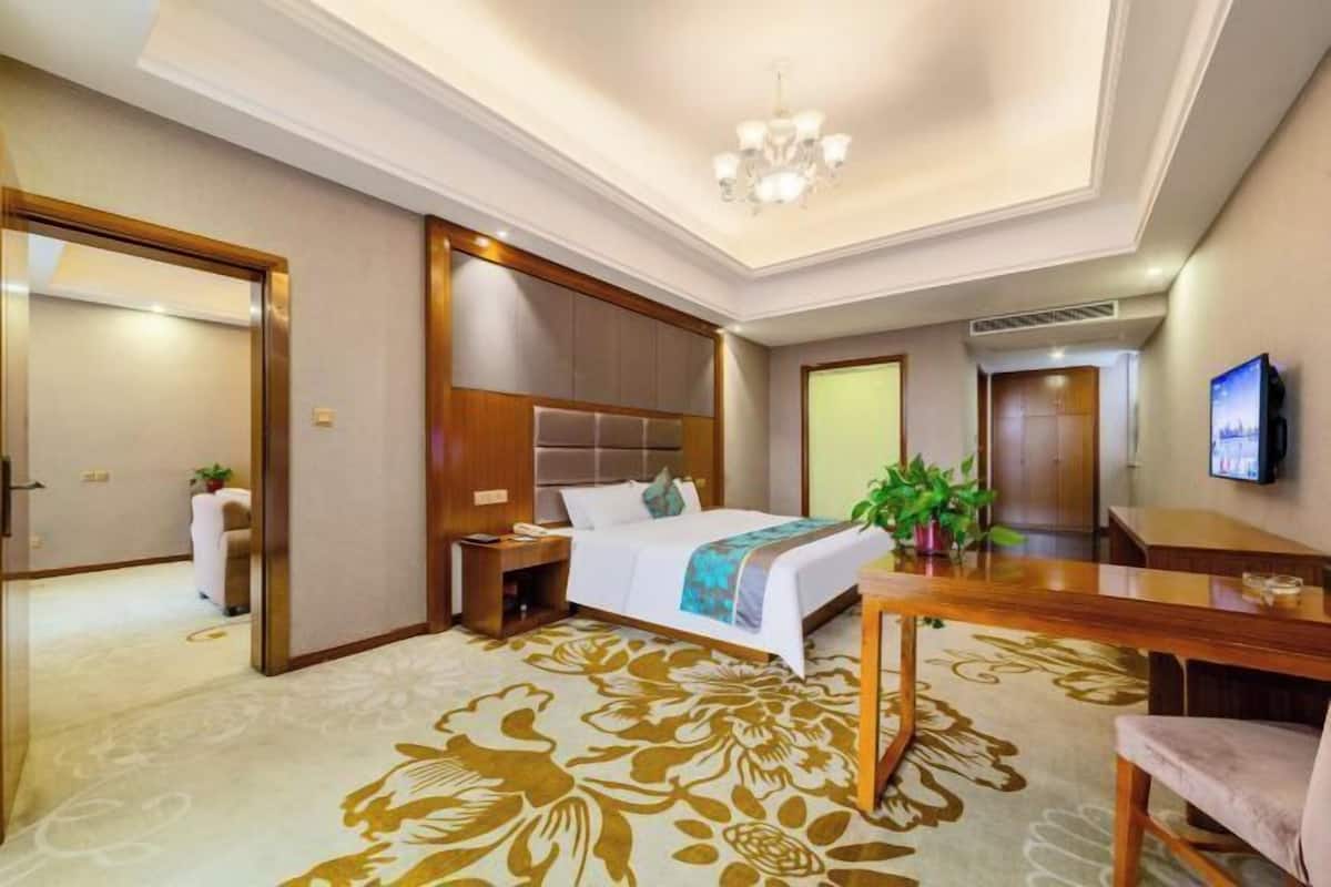 Habitación de hotel con cama, mesita de noche, lámpara, televisor y alfombra estampada.