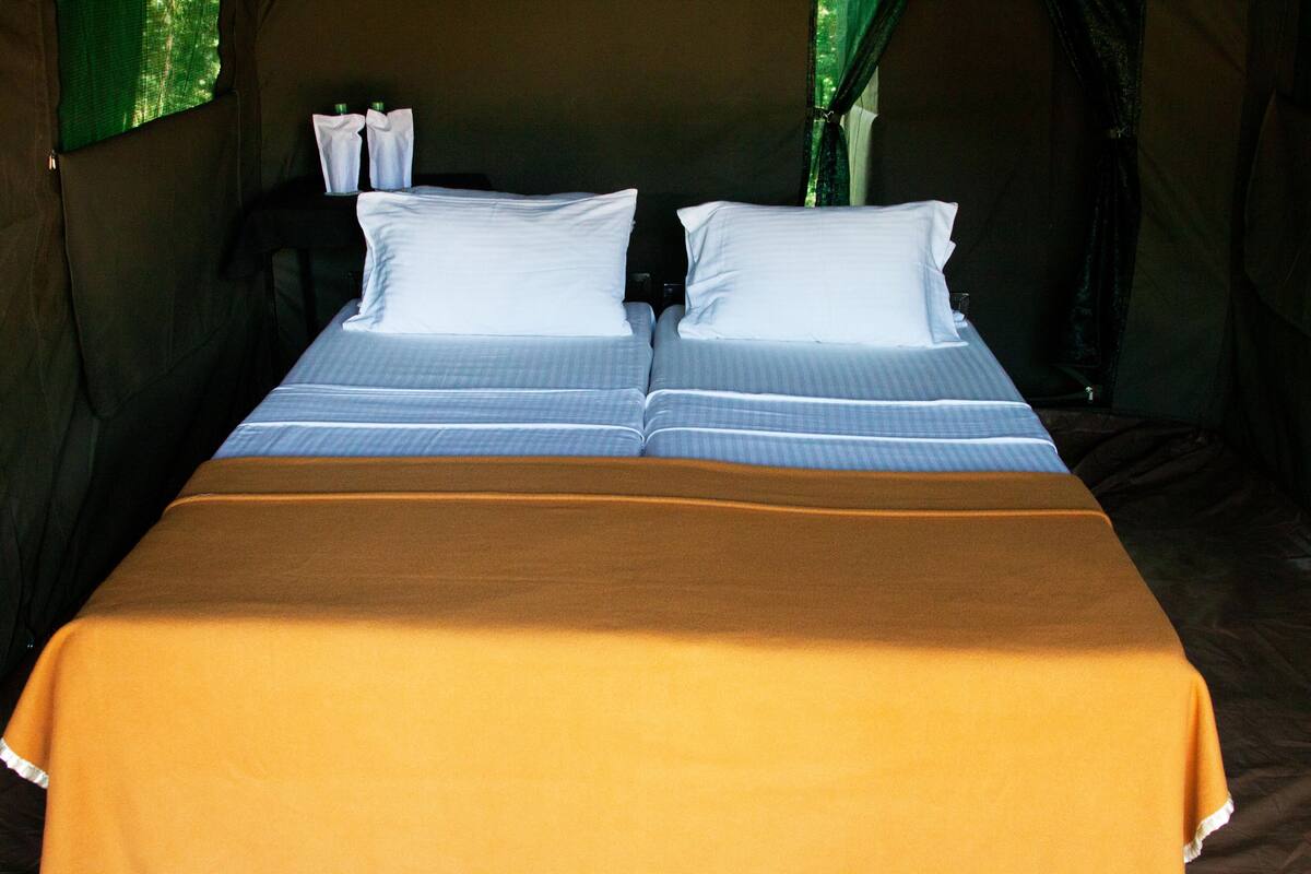 A tent with a bed featuring two pillows and a striped blanket.