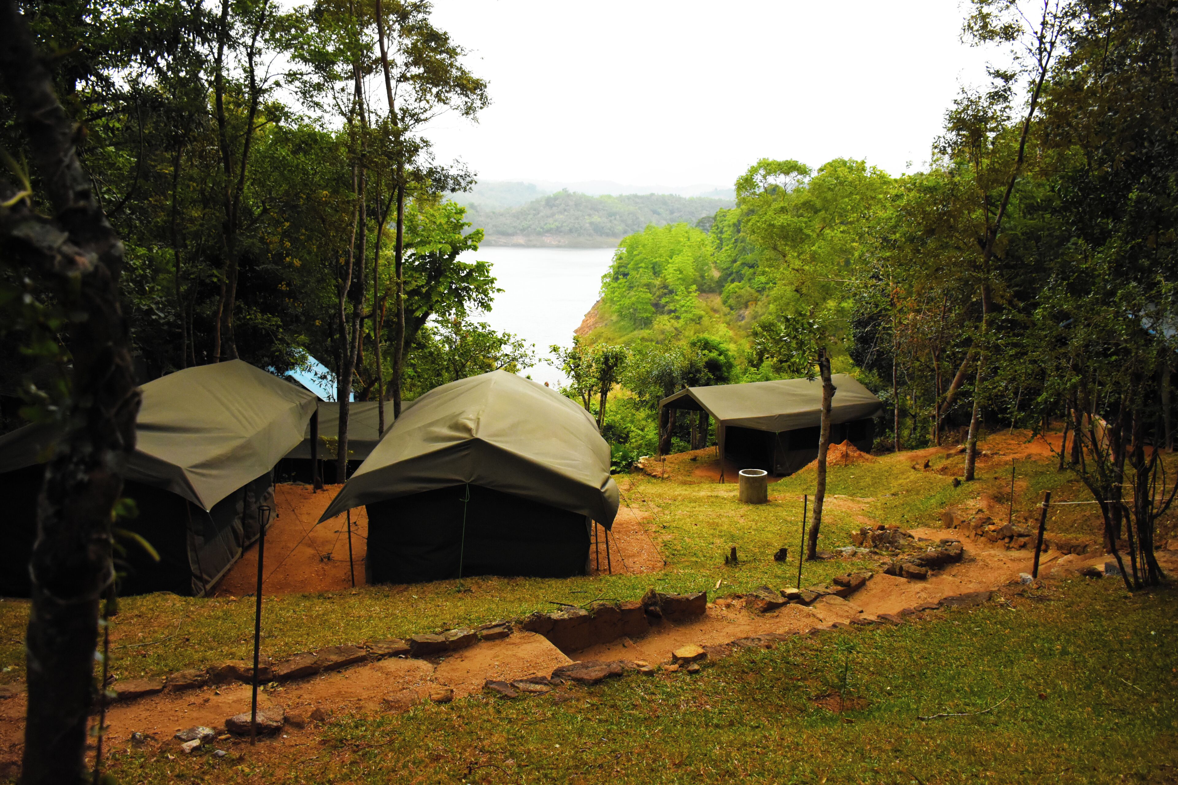 A campsite with several tents set up on a grassy area with a view of a lake and forested hills in the background.