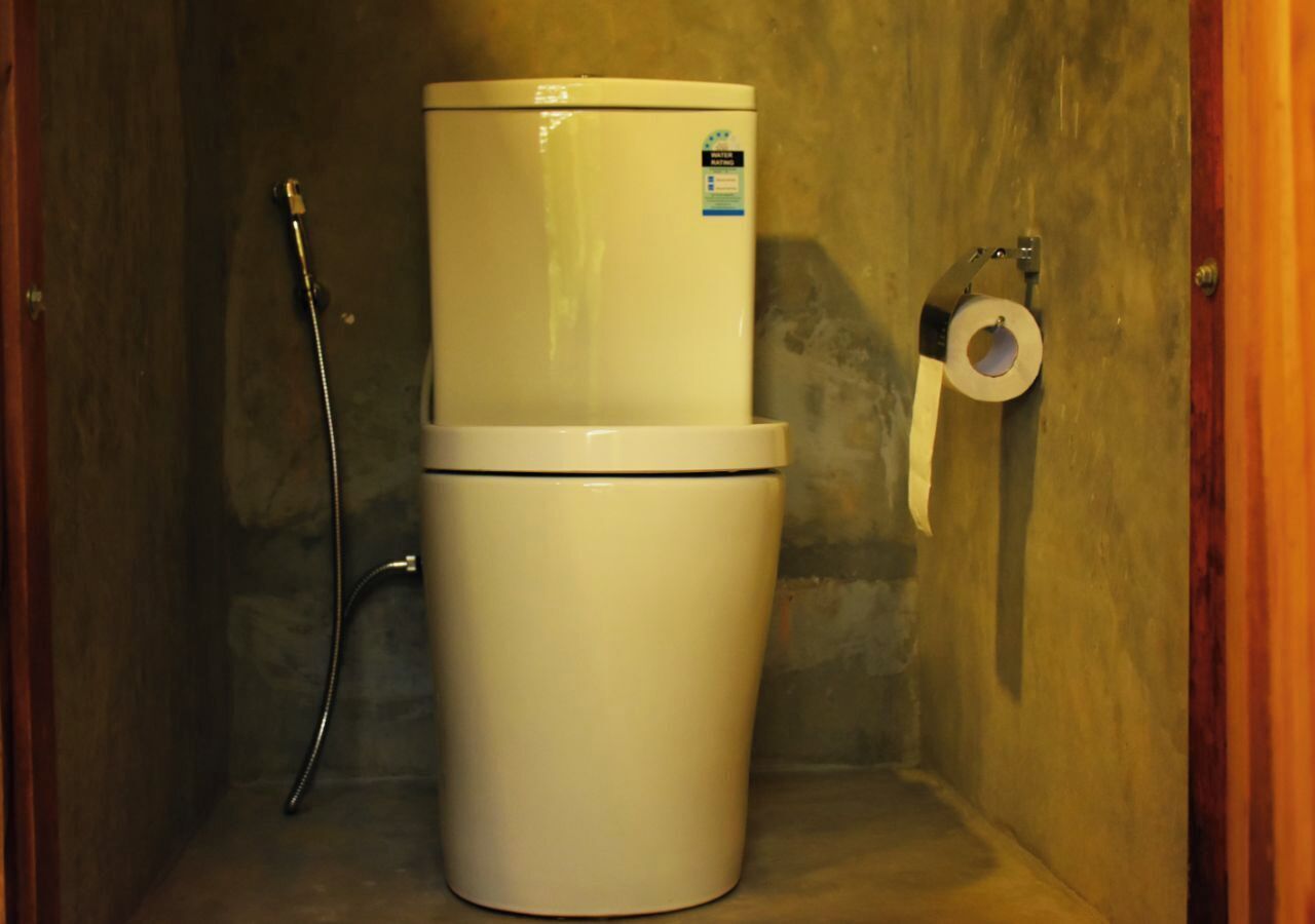 A compact bathroom with a toilet and a shower.