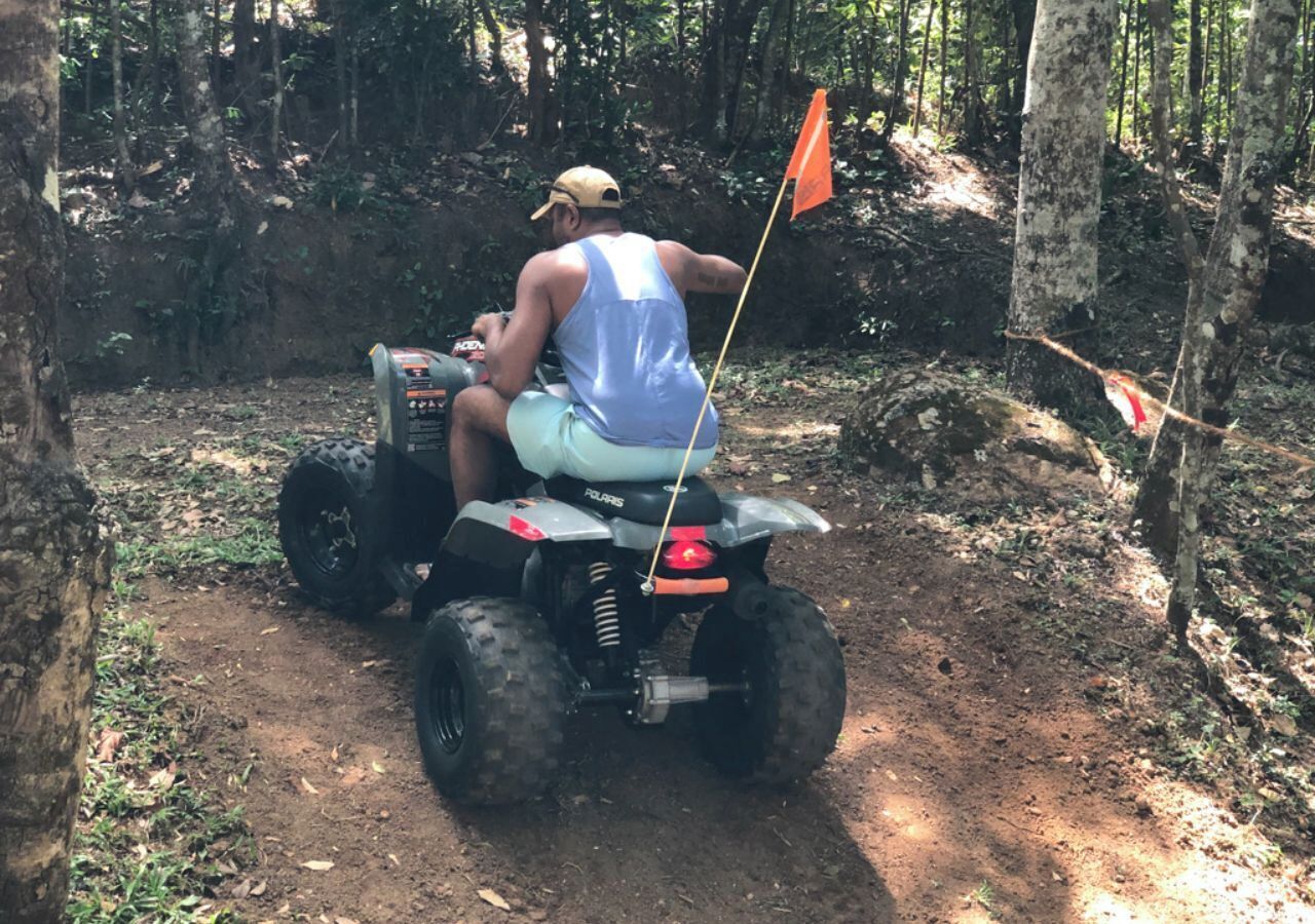Eine Person fährt mit einem Polaris ATV durch ein bewaldetes Gebiet mit Waldwegen und Bäumen.