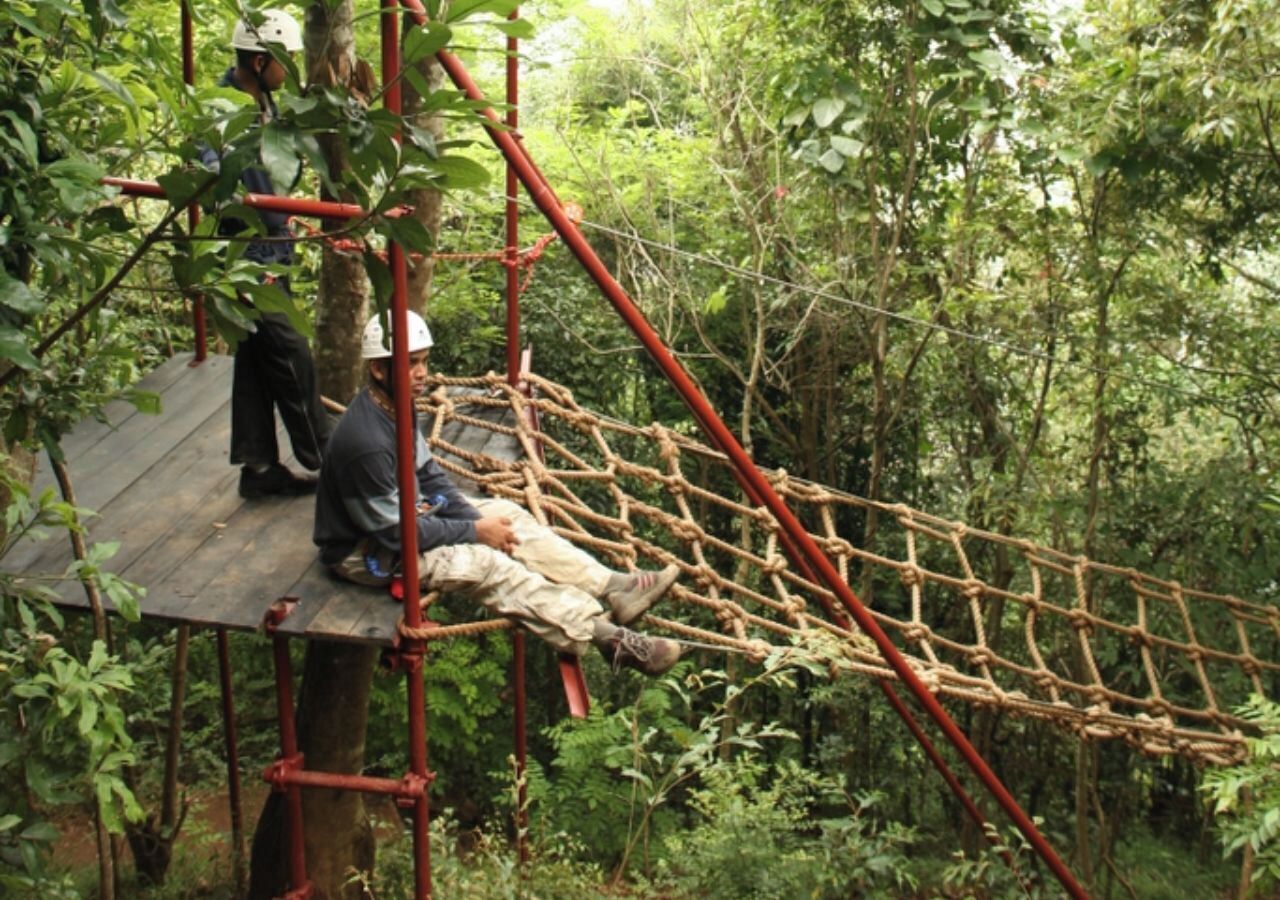 A rope bridge in a forest with a platform on the left.