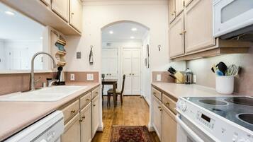 Coffee/tea maker, fridge, microwave, oven