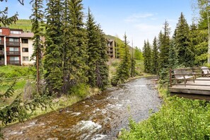 A river flowing through a forested area with a wooden deck and benches.