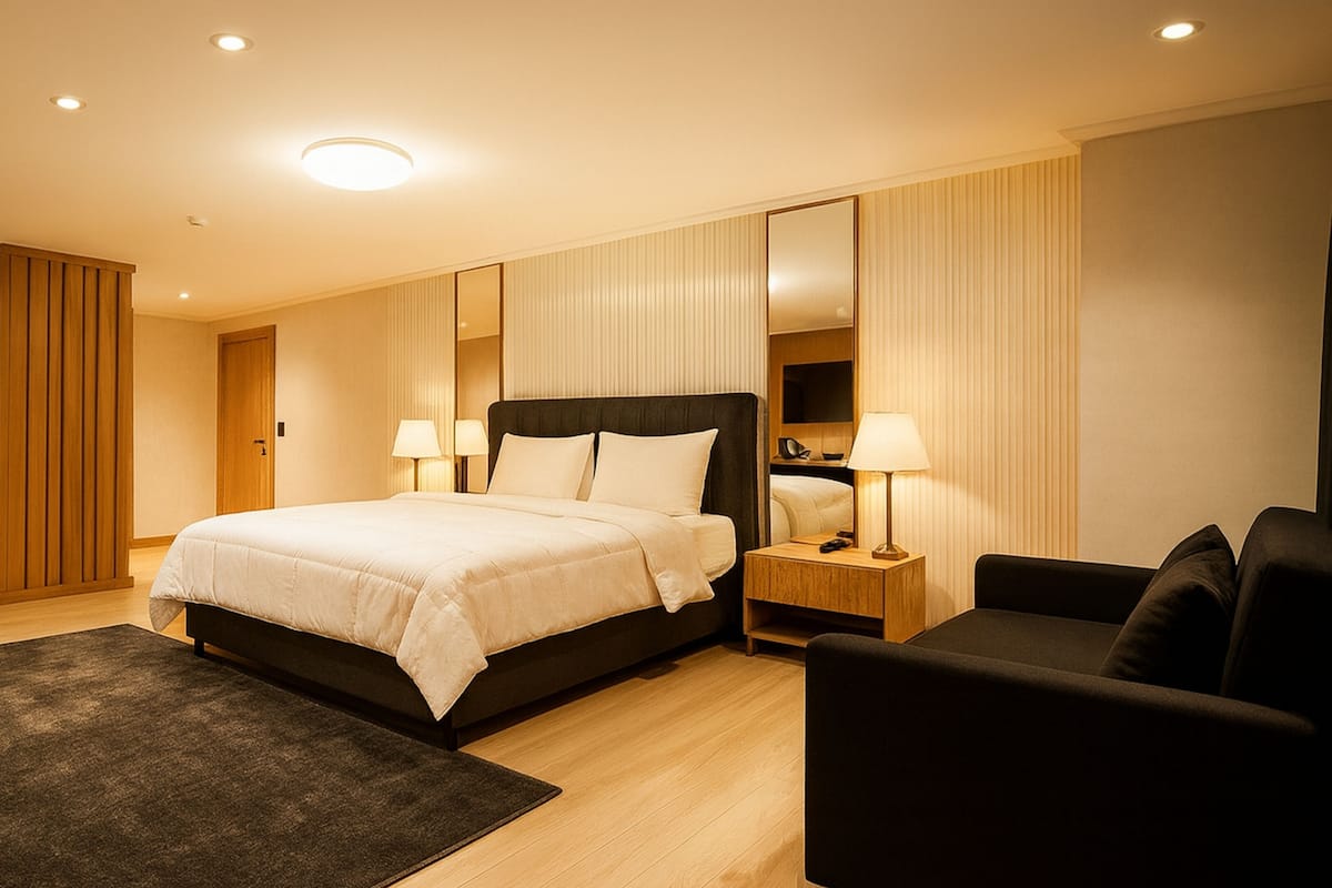 A modern hotel room with a large bed, a bedside table with a lamp, a chair, and a large mirror.
