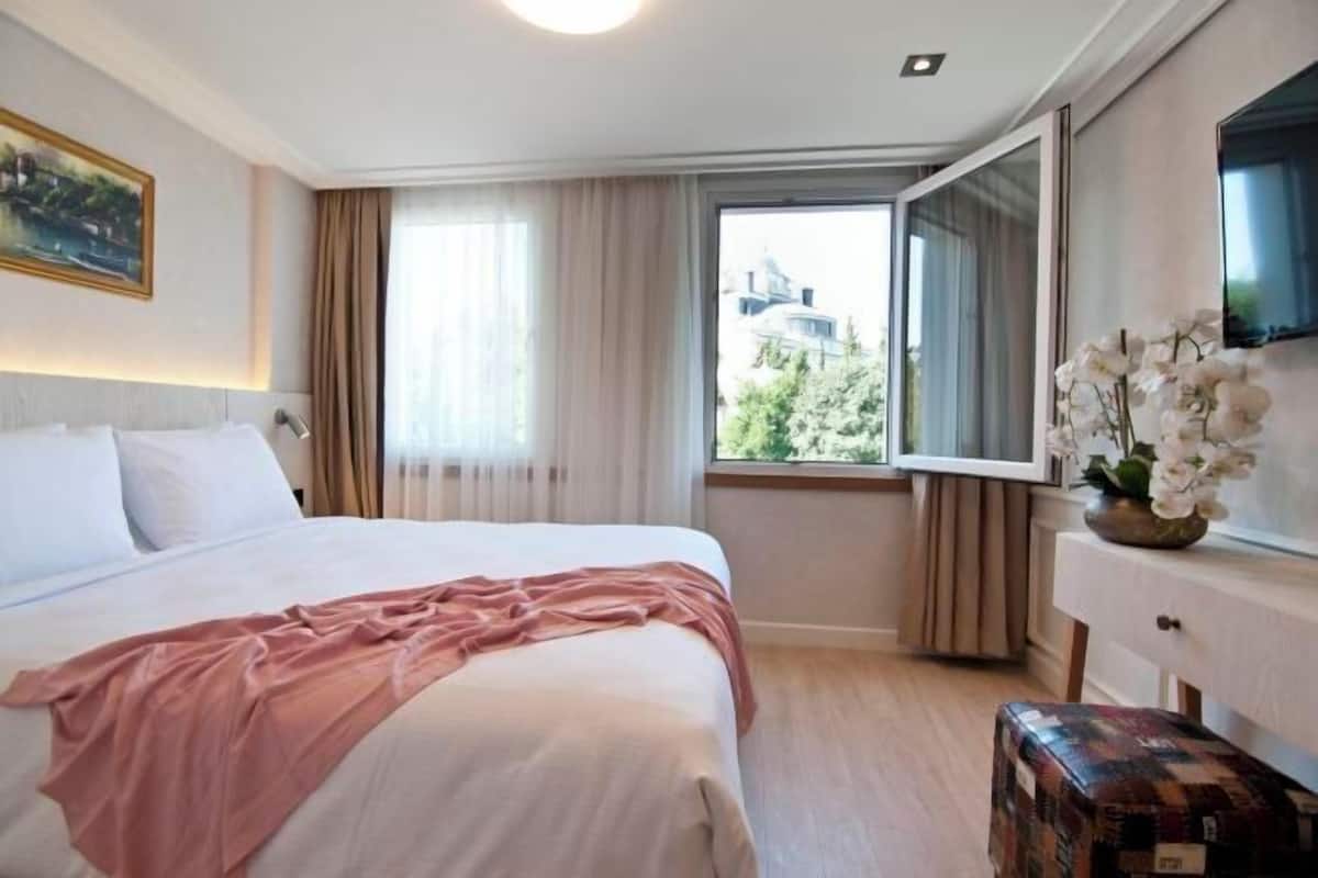 A hotel room with a bed, a window with a view, a TV, and a desk.