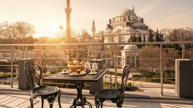 Une terrasse avec une table dressée pour le petit-déjeuner, d’où l’on peut admirer un bâtiment historique doté de coupoles et de minarets.