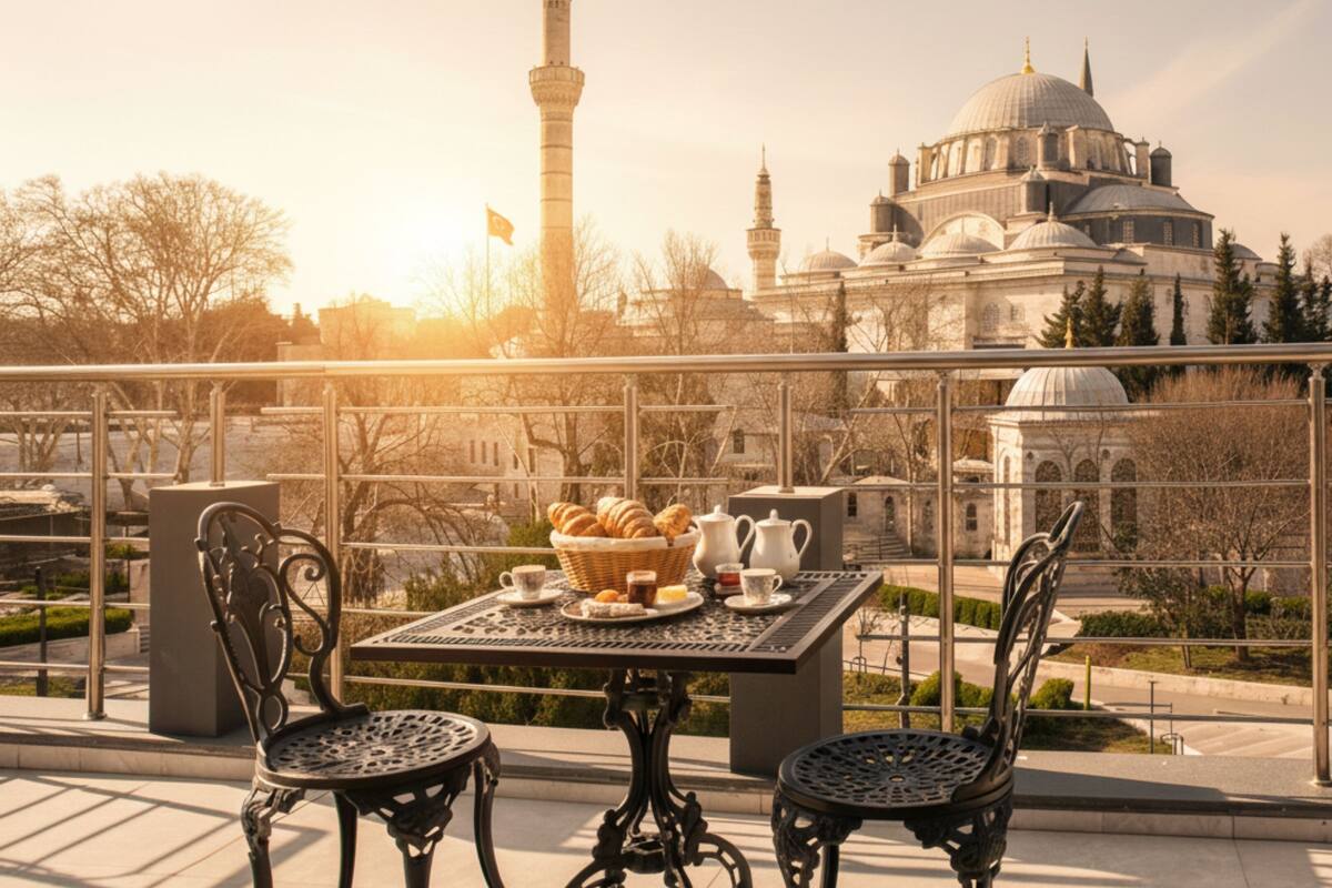 A terrace with a table set for breakfast, overlooking a historic building with domes and minarets.