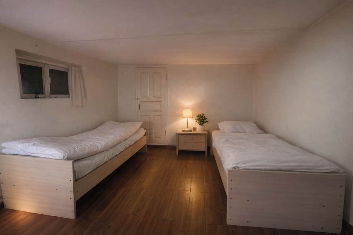 Un alojamiento pequeño, de una sola habitación, con dos camas de madera, una mesita de noche con lámpara y una ventana con cortinas.