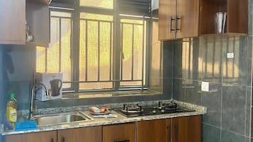 Oven, cookware/dishes/utensils, spices, dining tables