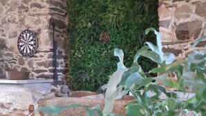 A room with a stone wall, a dartboard, and a green wall with plants. - L Abreuvoir DU Leffo Entre MER ET Campagne. Ressourcez Vous Avec vos Animaux (Allineuc)