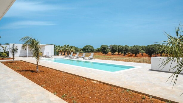 Un espace piscine extérieur moderne, doté de chaises longues et offrant une vue sur les oliviers.