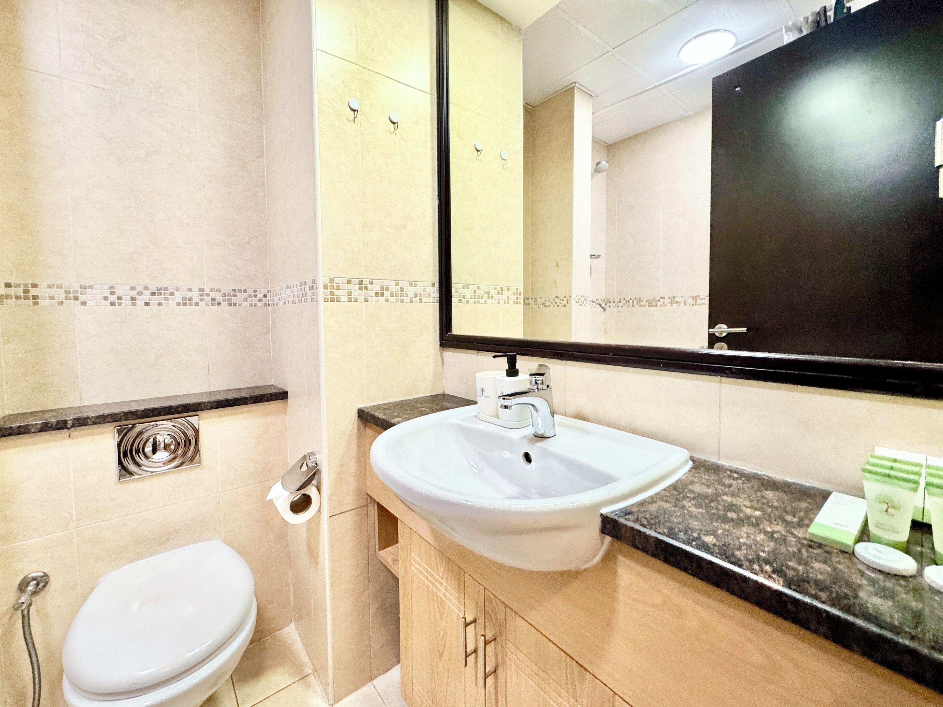 A bathroom with a toilet, sink, and shower.