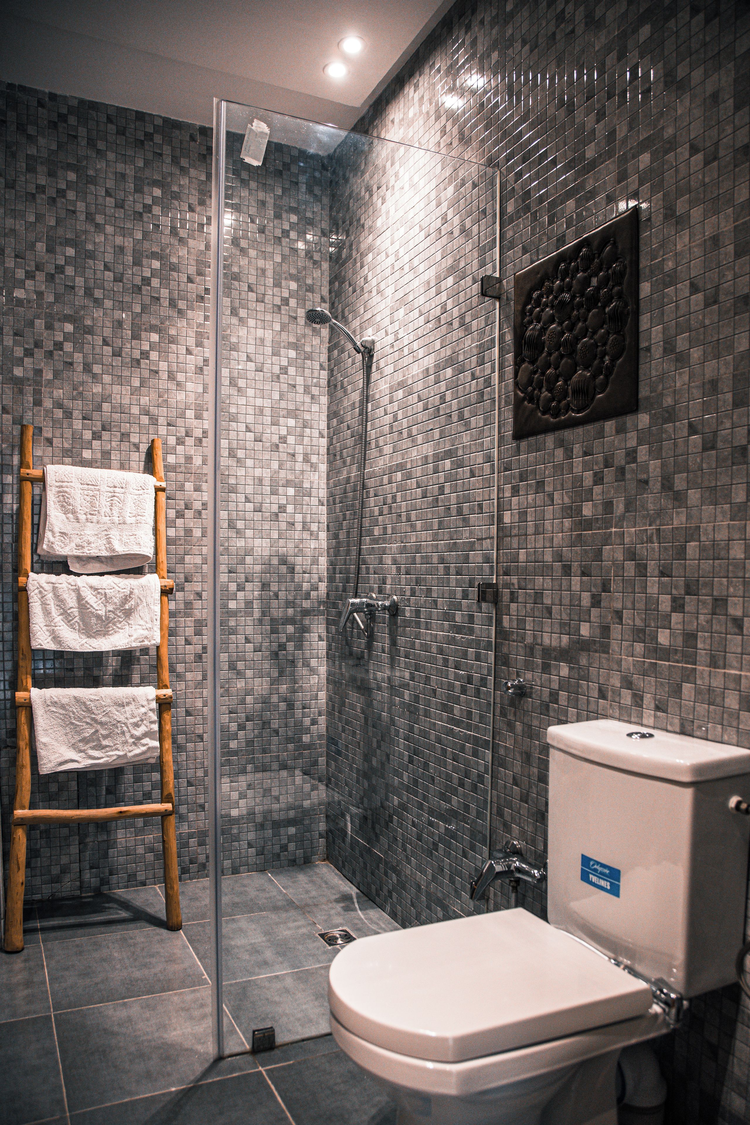 Une salle de bain moderne avec une douche à parois de verre, un porte-serviettes en bois et des toilettes avec une étiquette bleue.